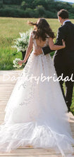 Pretty V-neck Simple Tulle A-line Open Back Long Wedding Dresses, DB10738