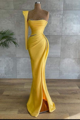 Yellow Long Mermaid Asymmetrical Beads Satin Prom Dress With Sleeves