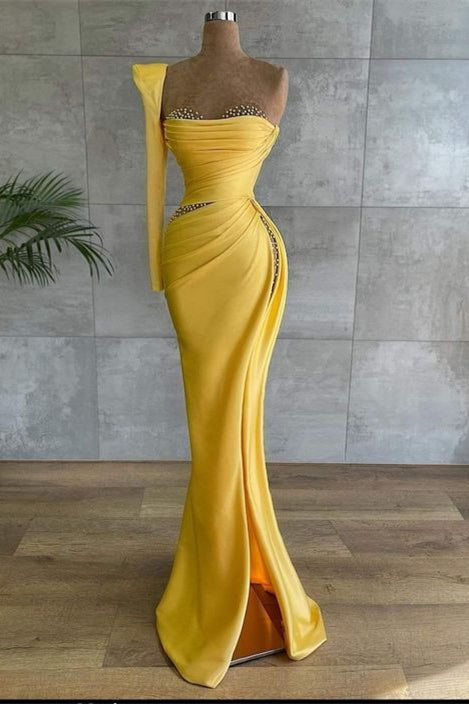 Yellow Long Mermaid Asymmetrical Beads Satin Prom Dress With Sleeves