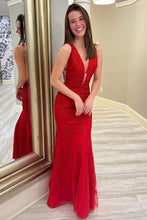 Red Lace Appliques Mermaid Deep V Neck Long Prom Dresses, Evening Dress Y369