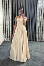 Long A-line Spaghetti Straps V-Neck Sleeveless Prom Dresses with Pockets