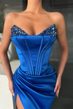 Royal Blue Long Mermaid Sweetheart Satin Prom Dress with Split