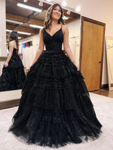 Emerson |A-Line Deep V Neck Tiered Long Glitter Tulle Prom Dress