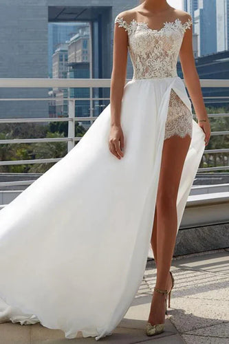 A-line Off the Shoulder See Through Wedding Dresses Side Slit Bridal Dresses