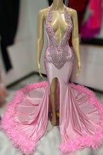 Sexy Pink Feathered Deep V Neck Prom Dress with Appliques and Slit