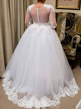Princess A-Line Wedding Dresses Jewel Neck  Lace Tulle  Length Sleeve Formal Romantic with Pleats Appliques