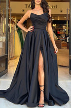 Elegant Black Long A-line Sleeveless Strapless Prom Dress with Slit