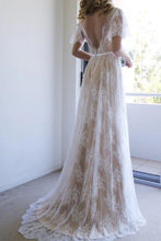 A-line Open Back Half Sleeves Lace Long Wedding Dress