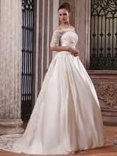 Ball Gown Wedding Dresses Scalloped-Edge Off Shoulder Court Train Satin Half Sleeve