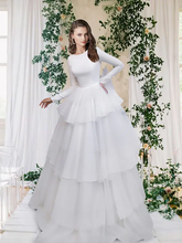 A-Line Wedding Dresses Jewel Neck  Tulle Italy Satin Long Sleeve Formal Simple Luxurious Backless with Cascading Ruffles