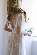 A-line Open Back Half Sleeves Lace Long Wedding Dress