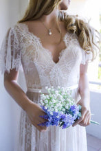 A-line Open Back Half Sleeves Lace Long Wedding Dress