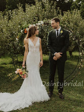 Mermaid V-Neck Tulle Lace See-through Wedding Dresses.DB10409