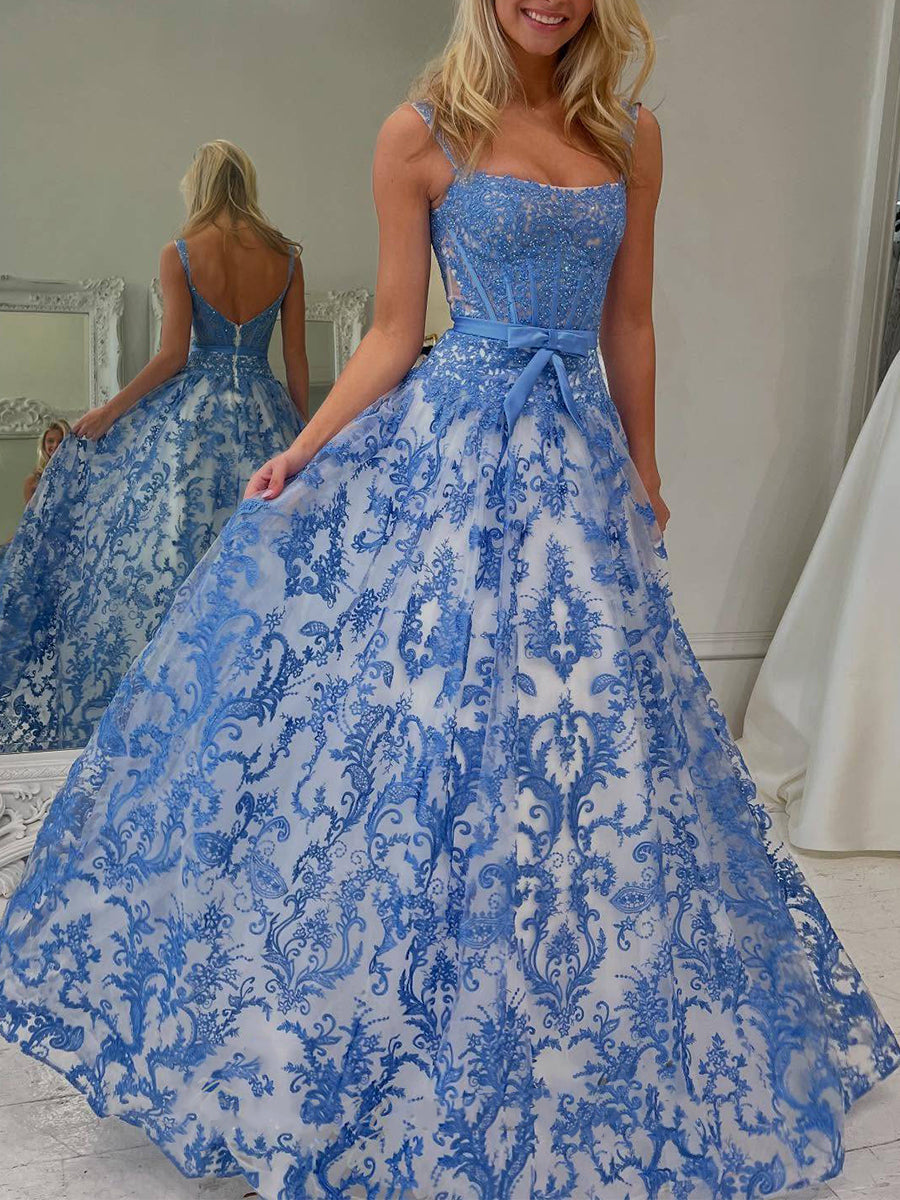 Blue Floral Baroque Lace Corset Long Prom Dress