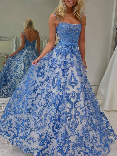 Blue Floral Baroque Lace Corset Long Prom Dress