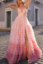 Linae | A Line V Neck Lilac Tulle Prom Dresses with Slit