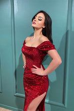 Long Mermaid Off the Shoulder Sequined Evening Prom Dresses with Slit