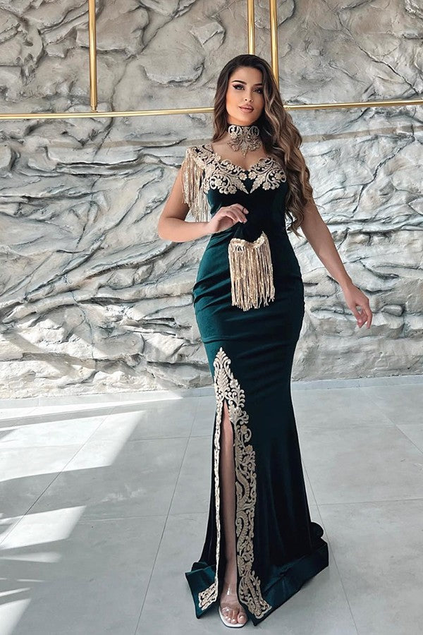 Elegant Off The Shoulder V-Neck Mermaid Evening Dress with Applique