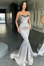Sequined Silver Gray Spaghetti-Straps Mermaid Prom Dress