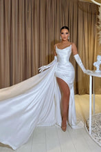 A-Line Floor-Length Sleeveless Strapless Charmeuse Split Front Stain Prom Dresses with Ruffles