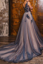 A-Line V-Neck Sleeveless Floor-Length Split Front Prom Dresses with Appliques