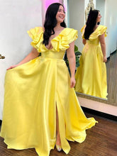 V-Neck Ruffle A-Line Long Prom Dress with Slit