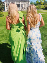 Blue A-Line Strapless Print Tiered Long Prom Dress