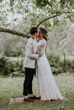 A-line Long Sleeve Deep V-neck Lace Backless Wedding Dresses Long Bridal Dresses,MW343