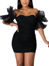 Women Sexy Puff Sleeve Ruffles Dress Mesh Off Shoulder Mini Party Dress Short Black Homecoming Dress Y786