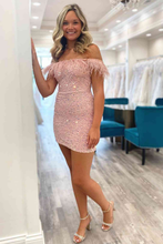 Short Sequin Off the Shoulder Pink Feather Bodycon Homecoming Dress Y2862