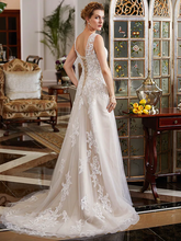 A-Line Wedding Dresses V Neck Court Train Lace Tulle Regular Straps Romantic Illusion Detail with Beading Appliques