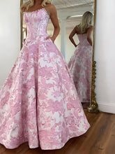 A Line Prom Dresses 3D Floral Strapless Evening Party Dresses with Bead