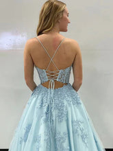 A Line Spaghetti Straps Corset Back Long Prom Dress With Appliques