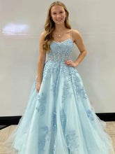 A Line Spaghetti Straps Corset Back Long Prom Dress With Appliques