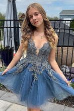 A Line Spaghetti Straps Tulle Short Grey Blue Homecoming Dress PD527