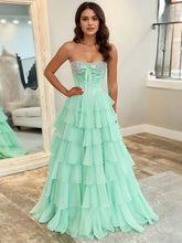 A Line Strapless Sweetheart Tiered Chiffon Long Prom Dress with Beading