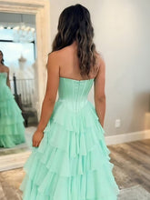 A Line Strapless Sweetheart Tiered Chiffon Long Prom Dress with Beading