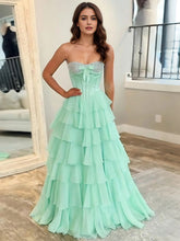 A Line Strapless Sweetheart Tiered Chiffon Long Prom Dress with Beading