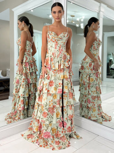 A Line Sweetheart Floral Chiffon Tiered Prom Dress with Slit