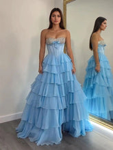 A Line Sweetheart Tiered Chiffon Long Prom Dress with Beading