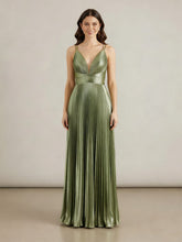 A Line V-Neck Long Prom Dresses with Pleated