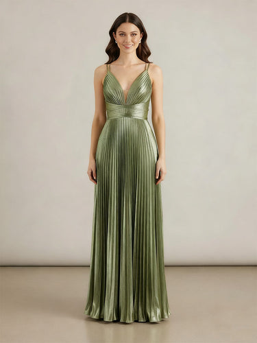 A Line V-Neck Long Prom Dresses with Pleated