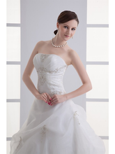 A-Line Wedding Dresses Strapless Court Train Organza Satin Strapless with Pick Up Skirt Ruched Beading