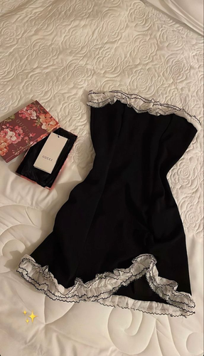 Black Party Tube Skirt Irregular White Ruffle Bandage Dress Black Homecoming Dress Y2617