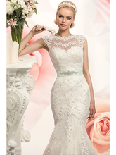 Mermaid  Trumpet Wedding Dresses Jewel Neck Court Train Lace Tulle Cap Sleeve with Appliques