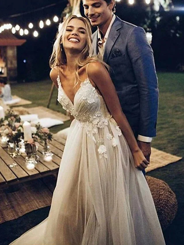A-Line Wedding Dresses V Neck  Train Lace Tulle Spaghetti Strap Simple Backless