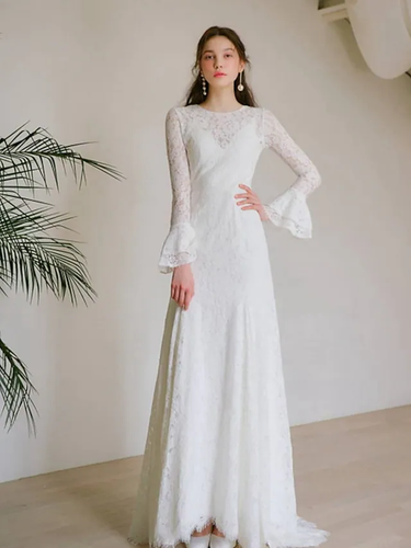A-Line Wedding Dresses Jewel Neck  Lace Long Sleeve Romantic with Appliques