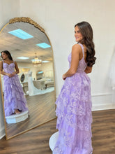 A Line Lilac Tiered Lace Long Prom Dress with Slit