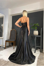 Amazing Long Black V-neck Spaghetti Straps Lace Sleeveless Prom Dress With Slit