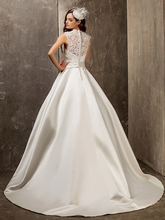 A-Line Wedding Dresses Queen Anne  Lace Satin Sleeveless See-Through with Sash  Ribbon Beading Appliques